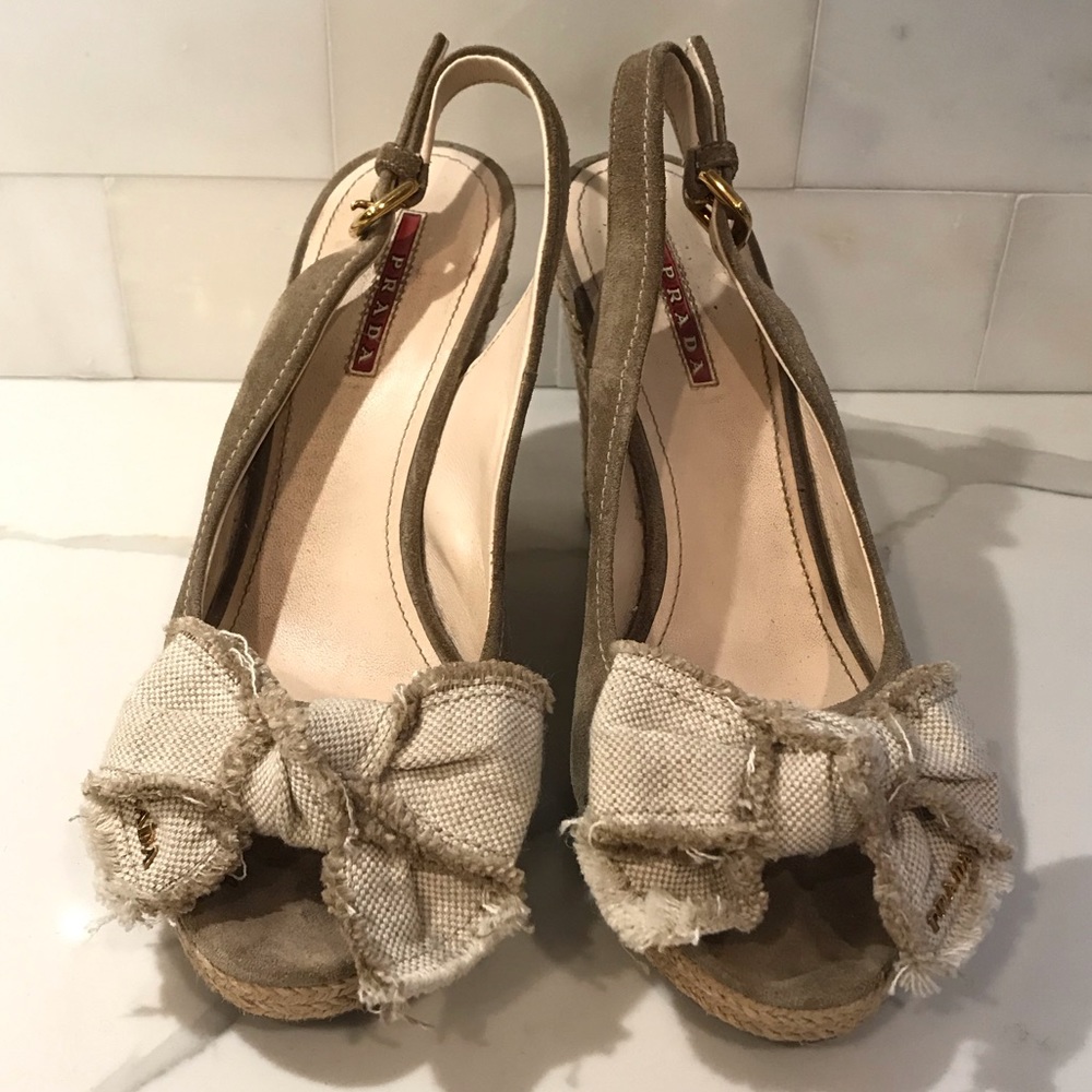 Prada Suede Sling Back Espadrille Wedges
